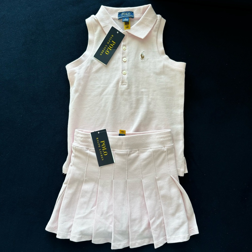 NEW!!!POLO RALPH LAUREN Girls Pleated Mesh Skort and Sleeveless Polo Shirt sets.